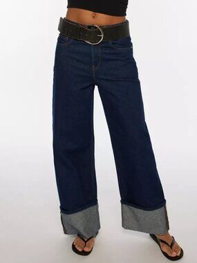 H&M Dark Blue Relaxed Wide-Leg Straight turn-up jeans Size 6